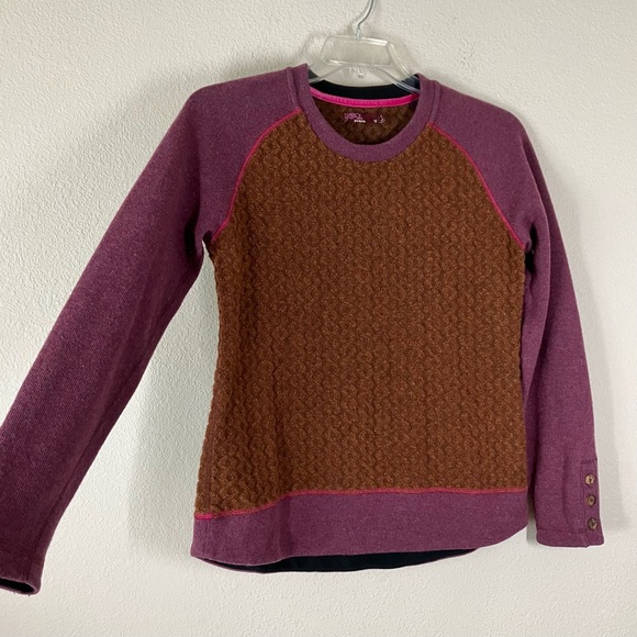 PRANA Aya Cable Knit Sweater Long Sleeve Crew Neck Pullover Wool Rust Purple M - Picture 1 of 13